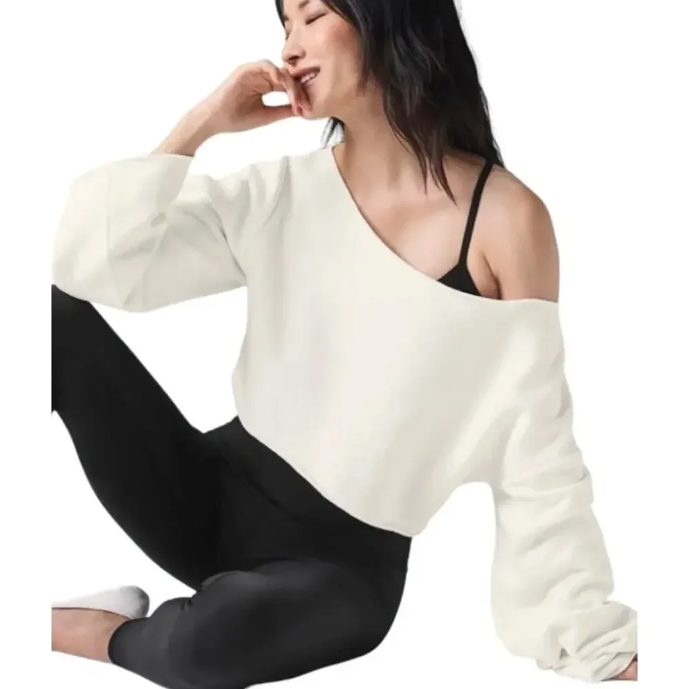 Alo Yoga Sweatshirt Women Medium Cropped Barre Shoulder Coverup in Ivory Relaxed
